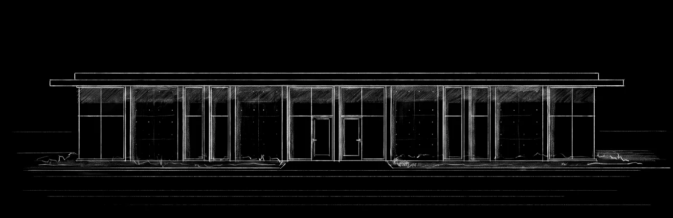 Architectural concept illustration of a low, horizontal commercial building with a concrete and glass facade, drawn in fine charcoal linework.