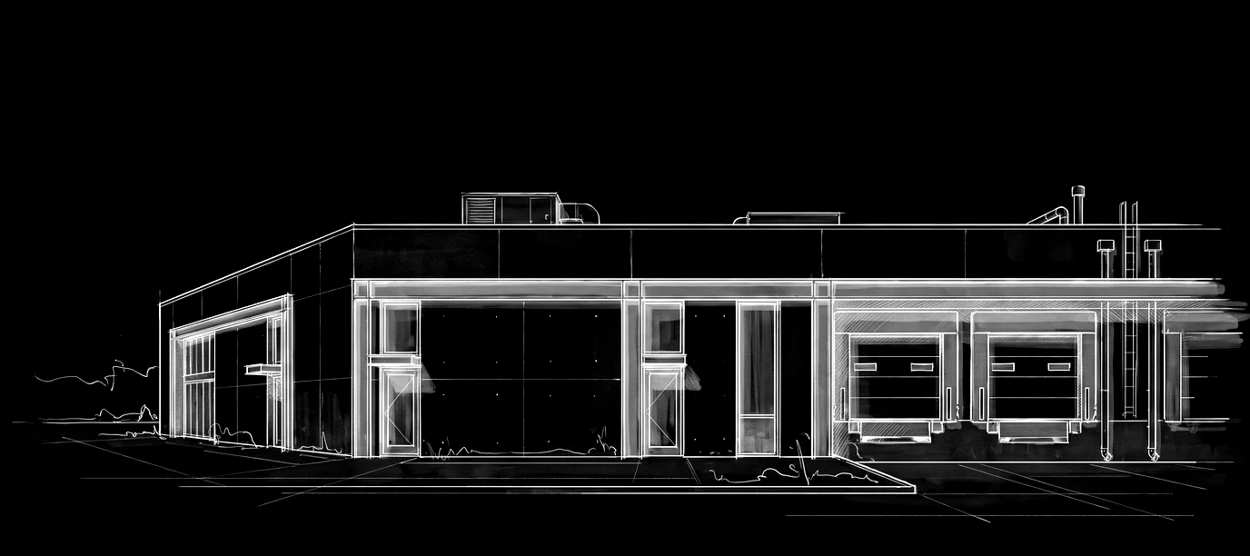 Architectural concept illustration of a light-industrial facility with loading bays and rooftop mechanical units, drawn in fine charcoal linework.