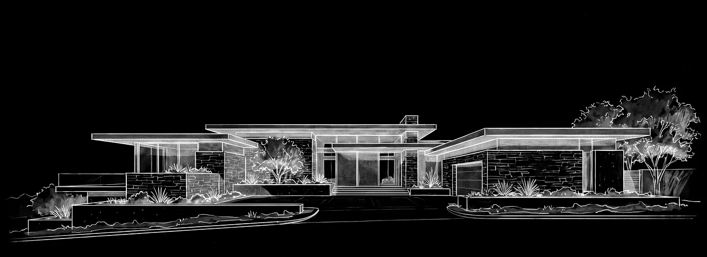 Architectural concept illustration of a contemporary single-storey residence with horizontal rooflines and stone masses, drawn in fine charcoal linework.