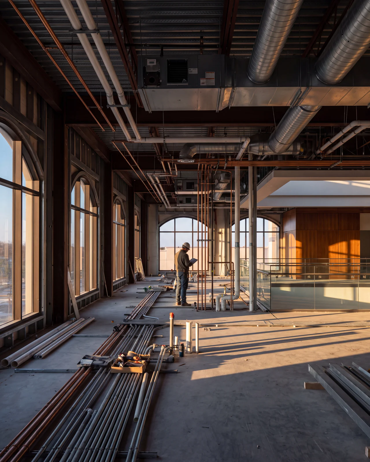 Installed plumbing lines, HVAC ductwork, and mechanical systems inside a commercial building during the finishing phase.