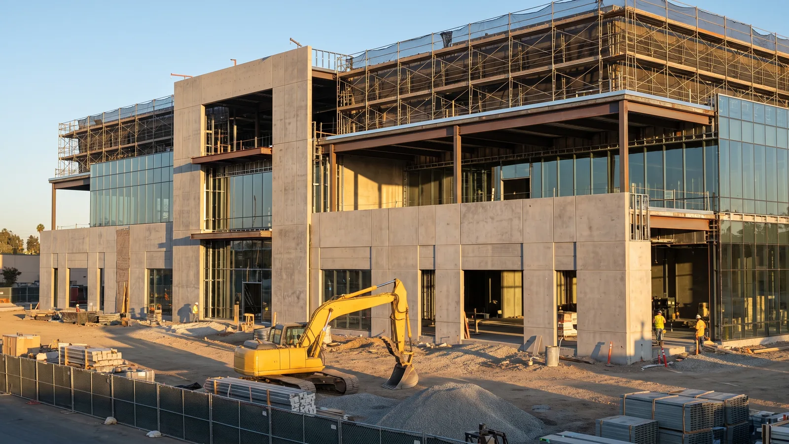 Representative construction photography: a modern concrete, steel and glass commercial building nearing completion on an active jobsite in late-afternoon light.