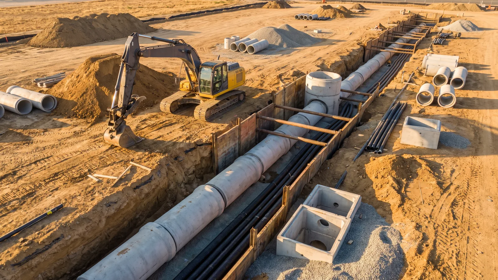 Representative construction photography: an open utility trench with large-diameter drainage pipe and a tracked excavator on a graded site in late-afternoon light.